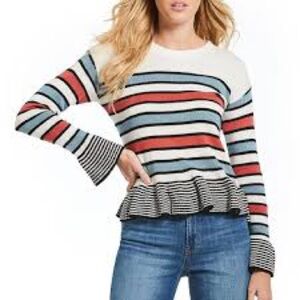 Ella Moss Hayden Stripe Ruffle Peplum Sweater Cotton Wool Blend